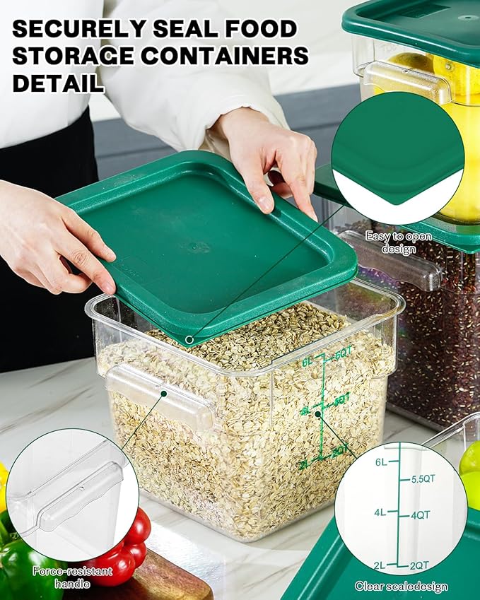 4QT NSF Food Storage Containers: 6 PCS [Food Grade][Hot&Cold Resistant] Commercial Clear Food Storage Containers with Lids for Restaurant Kitchen Proof Dough, Measuring Spoons Included(Green N)