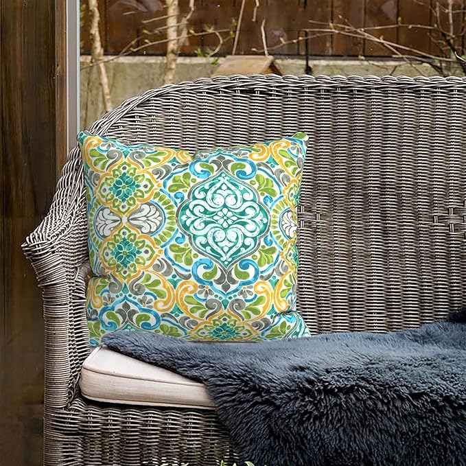 Outdoor Pillows for Patio Furniture 20x20 inch, Square Outdoor Throw Pillows with Inserts, Decorative Patio Pillows for Garden Couch Home Sofa Office Chair, Pack of 2,Damask Green