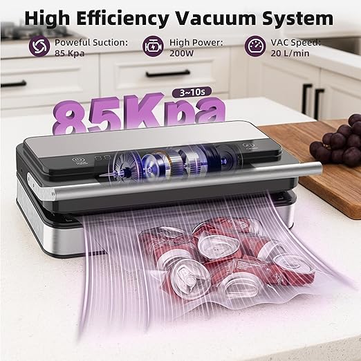 Paporia 10-In-1 Vacuum Food Sealer Machine, 85Kpa 200W Automatic Food Sealer, Low Noise Food Vacuum Saver with Sealer Bags, Roll, Build-in Cutter, Handheld and Compact Design with Digital Timer