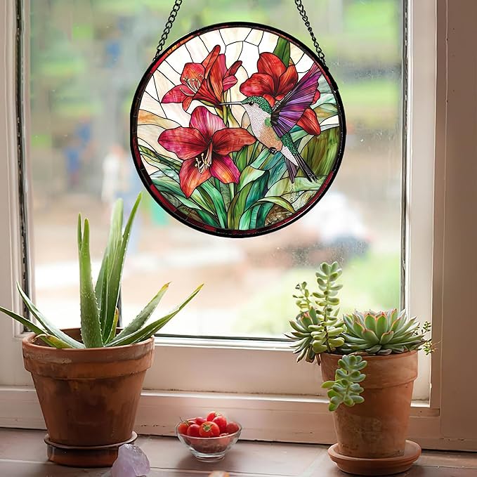 Stained Glass Window Hanging - Hummingbird On Red Lily Flower Sun Catcher for Door Garden Decor Suncatcher Christmas Mother's Day Birthday Gifts for Bird Lovers Women Men Mom Nana 7.8 in