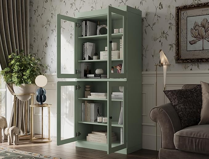 Palace Imports Solid Wood Bookcase - 6-Tier Bookshelf, 71.5” H x 32” W - Sage, Clear Glass Cabinet Doors & Adjustable Shelves, Tall Bookcase, 100% Renewable Eco-Friendly Wood, Made in Brazil