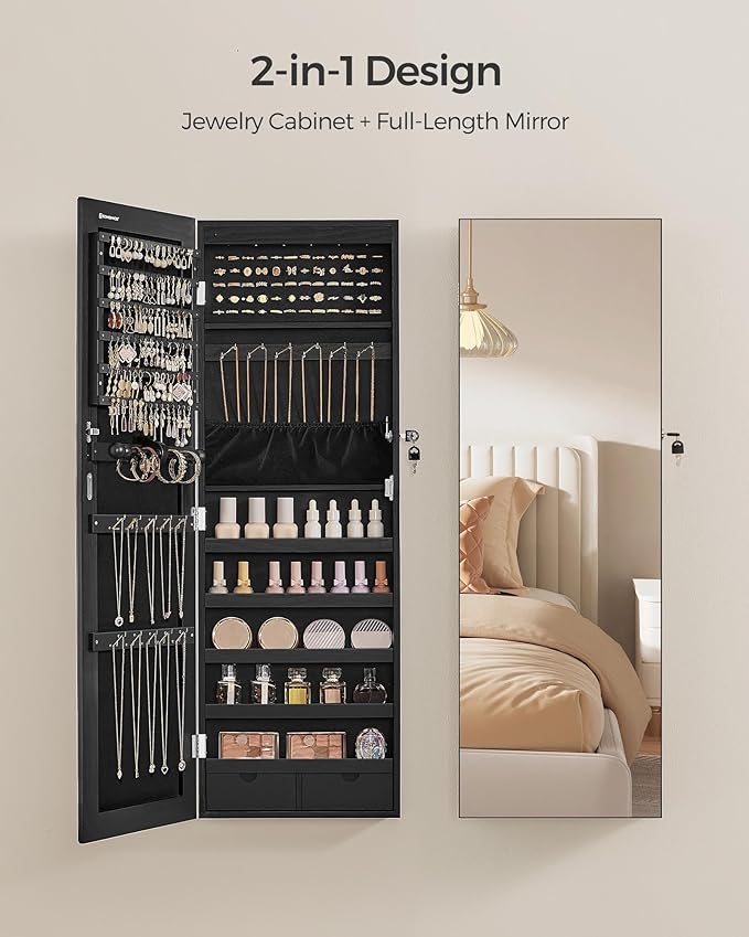 SONGMICS Hanging Jewelry Cabinet, Wall-Mounted Cabinet with LED Interior Lights, Door-Mounted Jewelry Organizer, Full-Length Mirror, Gift Idea, Ink Black UJJC099B01