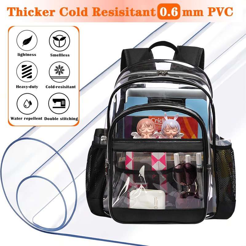GiMiUiTo Clear Backpack,Heavy Duty Clear Bookbag See Through Backpack Large Clear Bag for School College Work Travel Security,Black