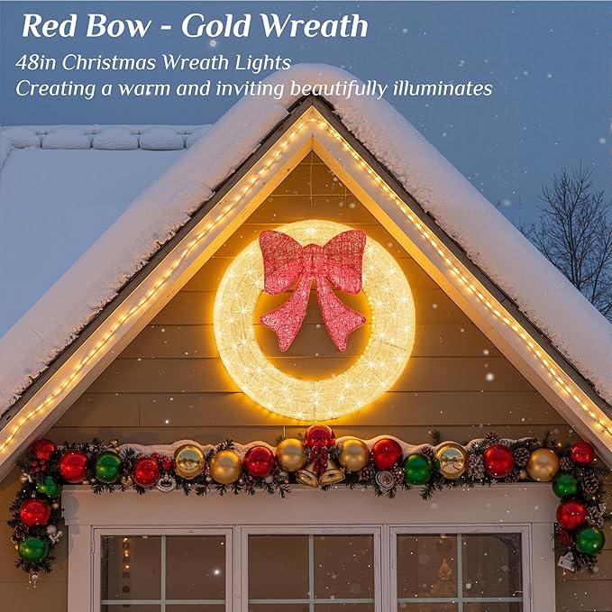 Sweetcrispy 48in Pre-Lit Christmas Wreath, LED Lighted Holiday Outdoor Decoration with Bow for Door, Mantel, Wall, Windows, Front Door Decor, Gold Wreath - Red Bow
