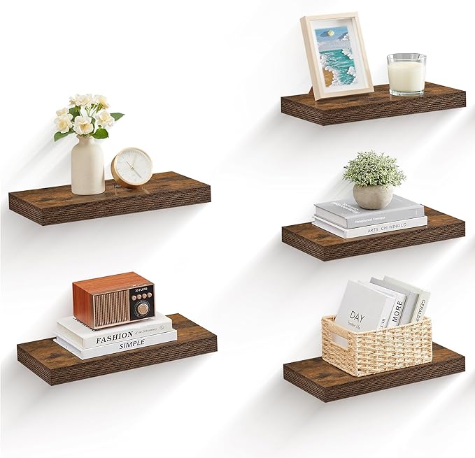 VASAGLE Wall Shelves Set of 5, Floating Shelves, Wall Mounted, 8 x 15.7 x 1.5 Inches, Display Shelves for Picture Frames, Wall Decor, Hanging Shelf for Living Room, Kitchen, Rustic Brown ULWS071B02