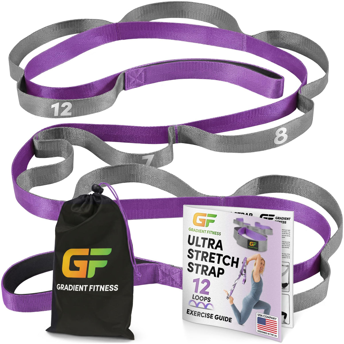 Gradient Fitness Stretching Strap for Physical Therapy, 12 Multi-Loop Stretch Strap 1" W x 8' L, Neoprene Handles, Physical Therapy Equipment, Yoga Straps for Stretching, Leg Stretcher (Purple)