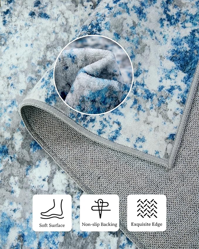 Washable Area Rug for Living Room: 6x9 Modern Abstract Neutral Soft Rug for Bedroom Dining Room No Slip Low Pile Carpet for Nursery Home Office - Grey/Blue