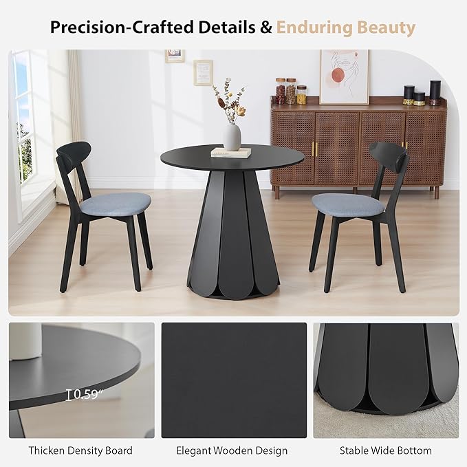 31.5 inch Small Round Dining Table, Modern Kitchen Table for 2 to 4 Person, Farmhouse Wood Circle Dining Room Tables with Pedestal Base, Space Saving Dinner Tables for Apartment, Small Space, Black