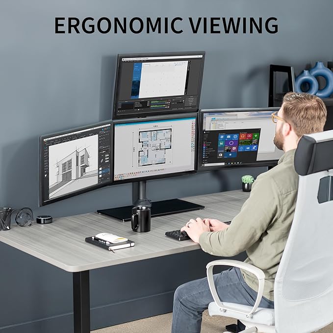 VIVO Black Steel Quad Freestanding LED LCD Computer Monitor, Heavy Duty 3 plus 1 Fully Adjustable Stand with Base, Holds 4 Screens up to 24 inches, STAND-V004TG