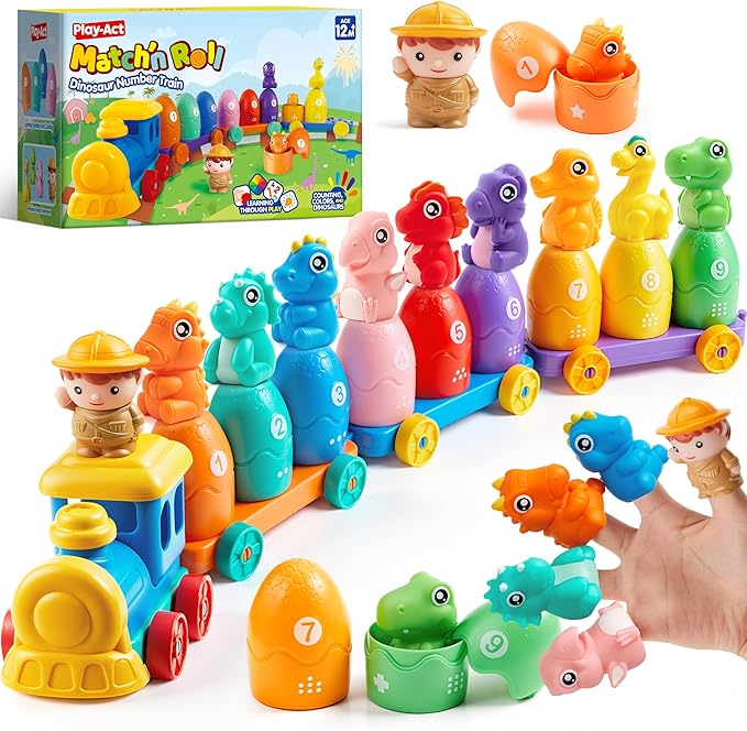 Play-Act Learning Toy for Toddlers 1 2 3 Years Old, Counting, Matching & Sorting Montessori Learning Dinosaur Train Including 9 Dinosaurs, Easter Basket Stuffers Birthday Gift for Baby Boys Girls