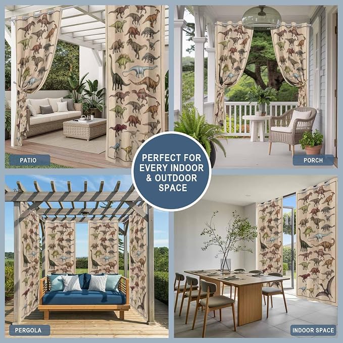 Vintage Outdoor Curtains for Patio Dinosaurs Biographies Retro Waterproof