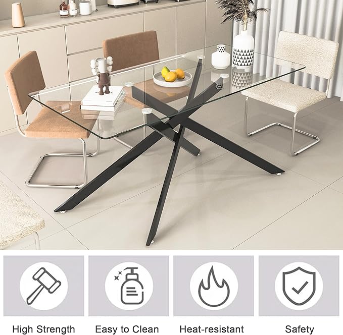 60" Rectangular Glass Dining Room Table for 6 with Tempered Glass Top and Black Metal Legs, Modern Clear Kitchen and Dinner Table for Home Office Dining Room