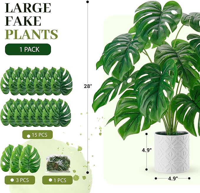 Der Rose Artificial Plants Indoor Large 28'' Fake Monstera Faux Potted Plants Indoor Tall for Home Farmhouse Bedroom Living Room Decor