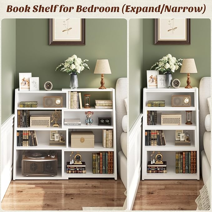 Armocity Book Shelf - Small Expandable Ladder Shelf, Short Corner Bookshelf for Small Spaces, 5 Tier Wood Narrow Bookcase, for Living Room, Bedroom, Entryway, White