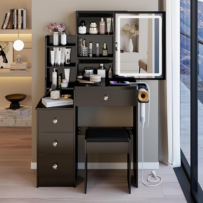 29.2" Small Vanity Desk with Mirror and Lights, Makeup Table with 2 AC+2 USB Power Station, Hair Dryer Bracket, Vanity Set with Drawers and Stool for Small Space Bedroom, Black
