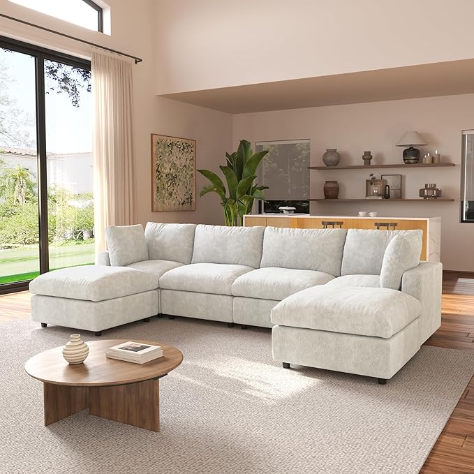 JACH U Shape Sectional Couches for Living Room, Modular Sofa with Chaise Ottomans, Cloud Sectional Couch, Sofa Covers Washable, Minimalist Couch for Living Room, Apartment, Beige