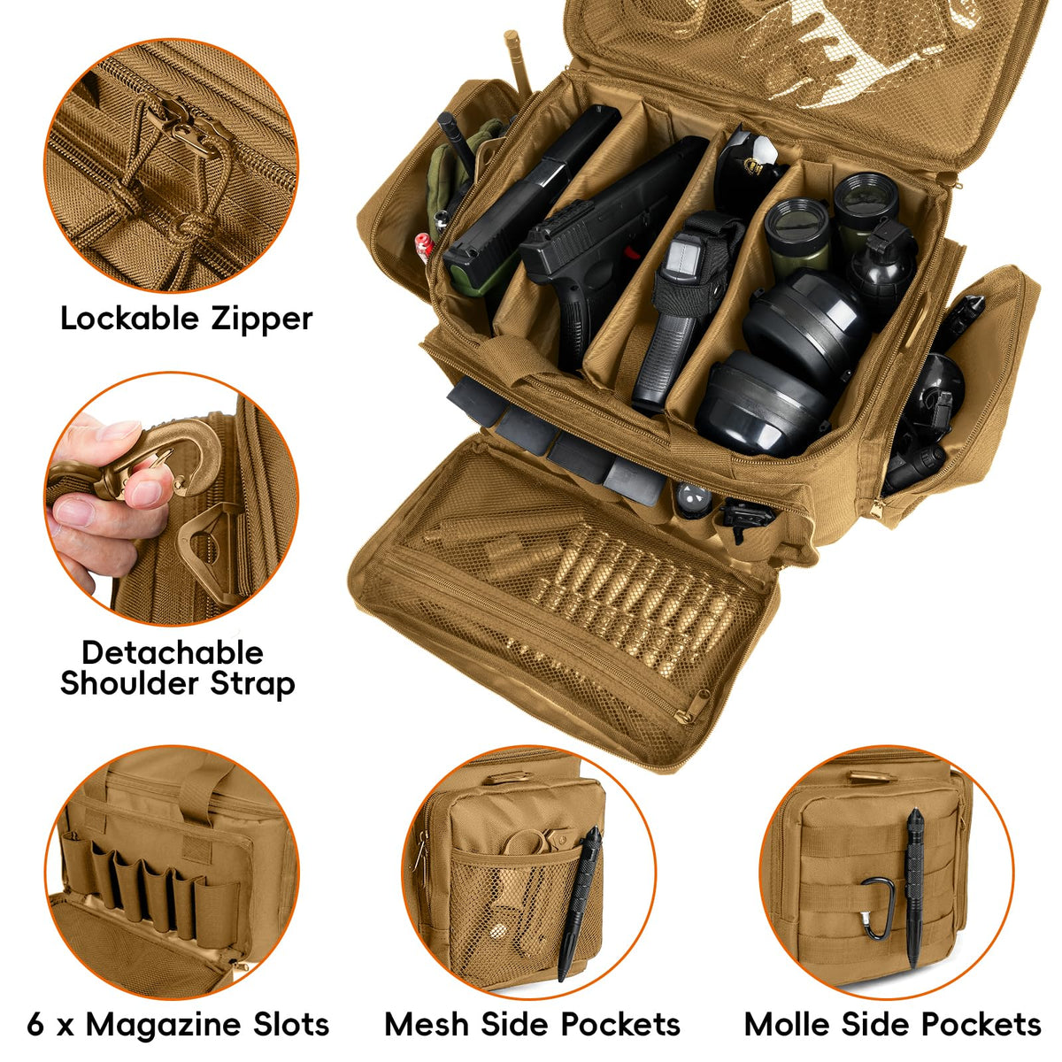 DULCE DOM Tactical Gun Range Bag for Handguns & Pistols - Lockable Compartment, Ammo Storage, Magazine Slots, Durable Range Essentials Bag (KHAKI)