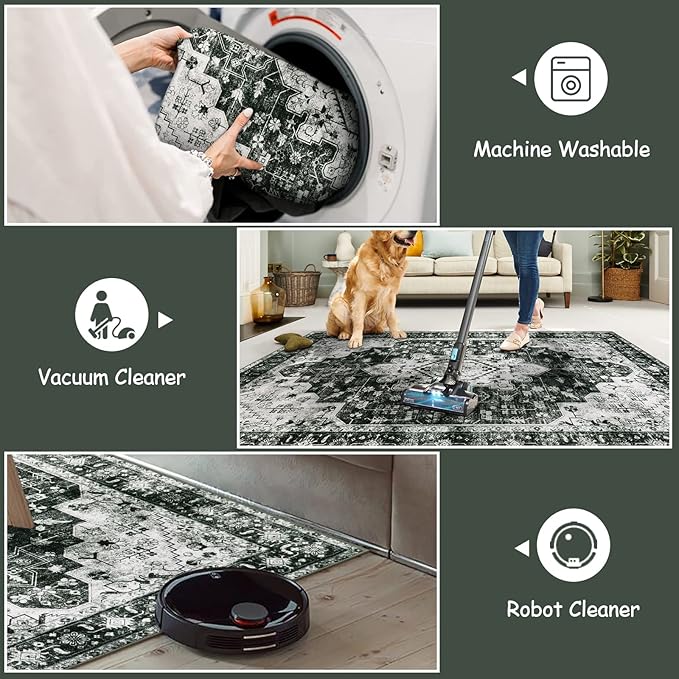 Moynesa Ultra-Thin Washable Vintage 5x7 Area Rugs - Large Boho Living Room Rug Non-Slip Non-Shedding Stain Resistant Indoor Floor Carpet for Bedroom Dining Room Entryway, Black/White
