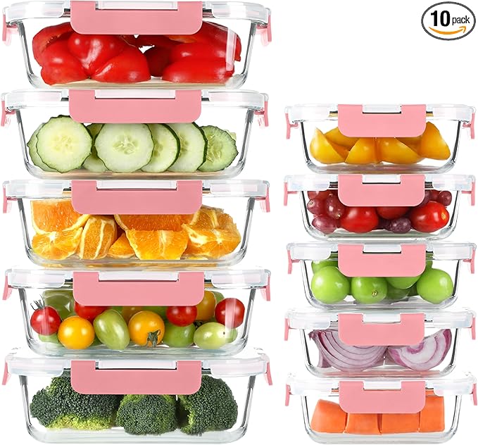 BAYZZ 10 Pack Glass Meal Prep Containers, Glass Food Storage Containers with Lids, Airtight Lunch Box, Freezer,Oven,Microwave and Dishwasher Safe