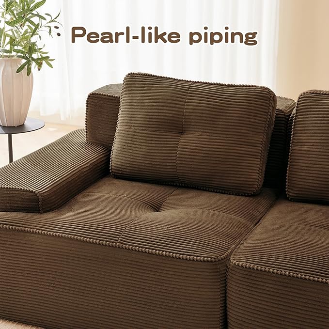 115" Modern Corduroy Cloud Sofa, Boneless Modular Large Sectional Couches for Living Room, Brown 3 Seater Compressed Memory Foam Couch, Extra Deep Seat, No Assembly
