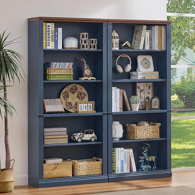 70" Blue Tall Bookshelf Set of 4,5-Tier Thick Wooden Book Shelf with Adjustable Shelves,Free Standing Farmhouse Bookcase with Open Display Storage,Floor Vintage Bookshelves for Living Room