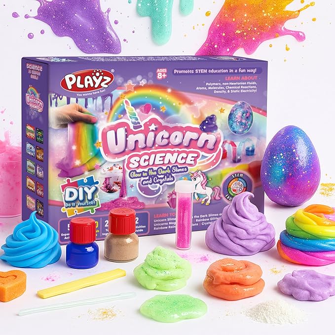 Playz Unicorn Slime & Crystals 100+ Science Experiments Kit Gift for Girls & Boys to Make Glow in The Dark Unicorn Poop, Snot, Fluffy Slime, Crystals, Putty, Arts & Crafts for Kids Age 8-12
