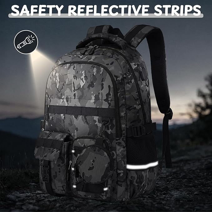 School Backpack for Boys - Camo Boys Backpack for Kids Teens Elementary, Middle & High School Bookbag Daypack with Camouflag Design,18″ Large Capacity with Usb Charging Port & Key-chain