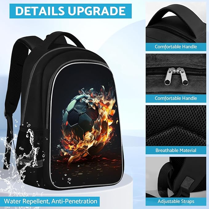 School Backpack for Boys - Soccer Boys Backpack for Kids Children Teens Elementary Middle School - Students Bag for Ages 6-18,17″Bookbag Multifunctional Large Capacity