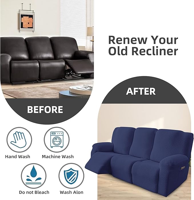 Genina Recliner Sofa Covers - Stretch Reclining Couch Covers with Stripe Jacquard - 3 Seat Cushion Slipcovers with Soft Fabric - Furniture Protector for Pet Kid (Navy Blue)