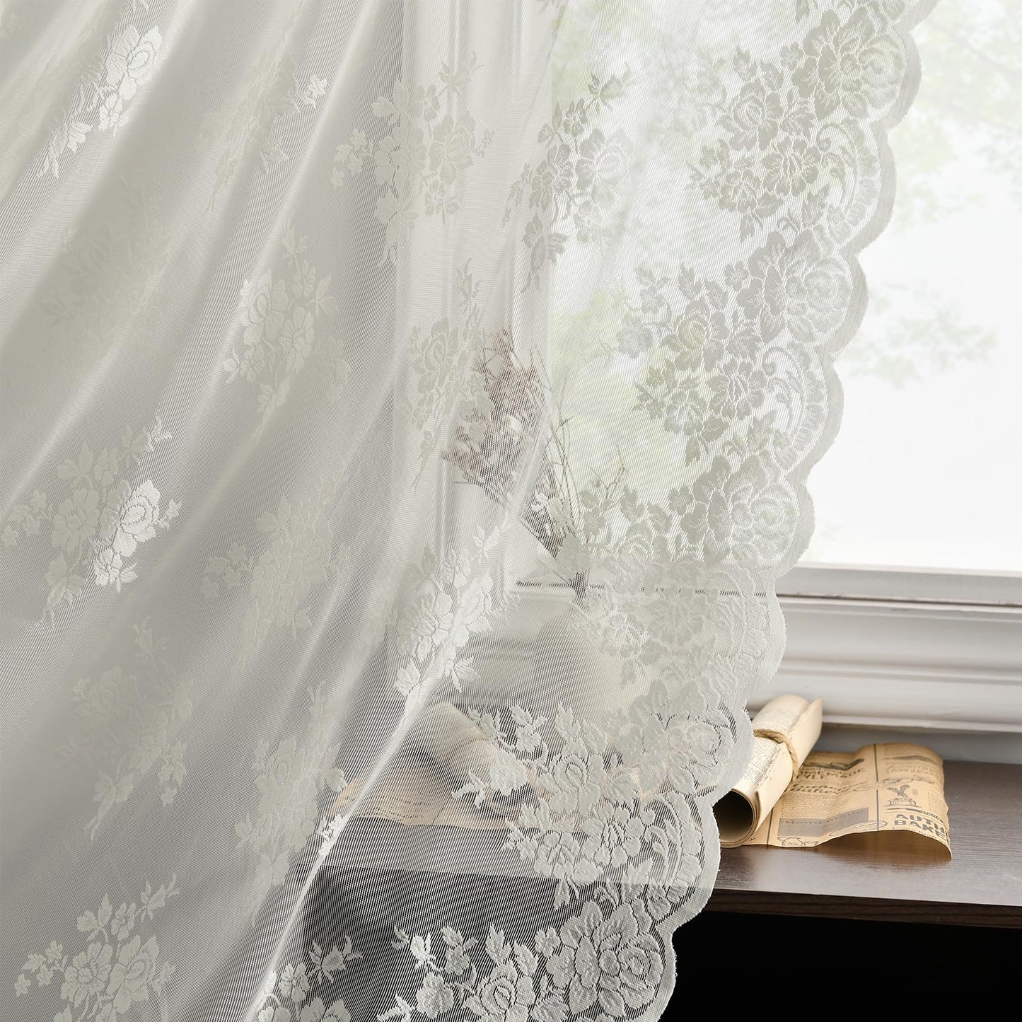 Kotile Ivory Lace Curtains 36 Inch Length 2 Panels, Country Rustic Floral Lace Curtains Short for Kitchen Window, Rod Pocket Privacy Lace Cafe Curtains, 42 x 36 Inch Each, 1 Pair, Ivory