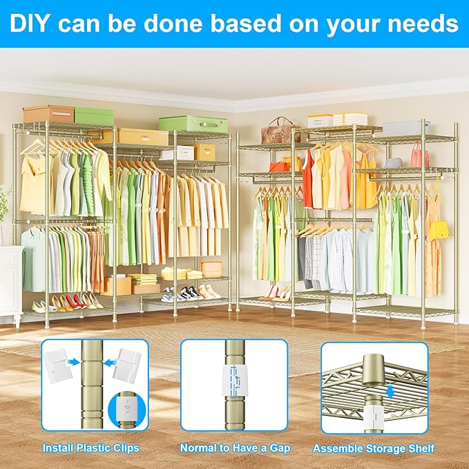 Ulif E13 Heavy Duty Clothes Rack（With 4 Hanger Rods & 8 Shelves） Freestanding Clothing Racks for Hanging Clothes，Adjustable Closet Organizer，Metal Garment Rack 63" W x16 D x77 H，Max Load 900LBS，Gold