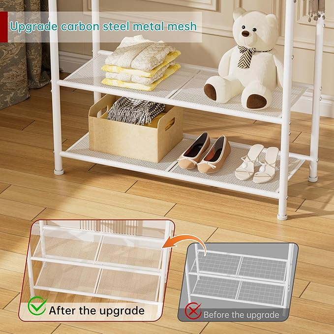 SINGAYE Clothing Racks Portable for Hanging Clothes Garment Rack Heavy Duty Clothes Rack Storage Coat Hanger Stand Portable Closet to Hang with Shelves Wardrobe Standing Organizer Drying White