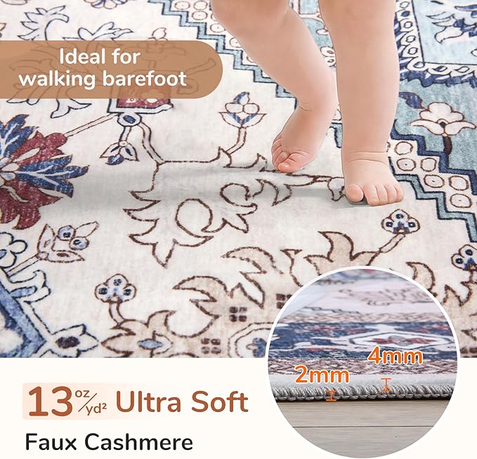 OPPODREAM Thin Entryway Rug 2x10, 2x10 Rug Runner, Washable Hallways Carpet 2 x 10 with Non Slip Backing, Low-Pile Bedside Carpet 2 x 10, Long, Faux Cashmere, Navy Blue & Red & Cream