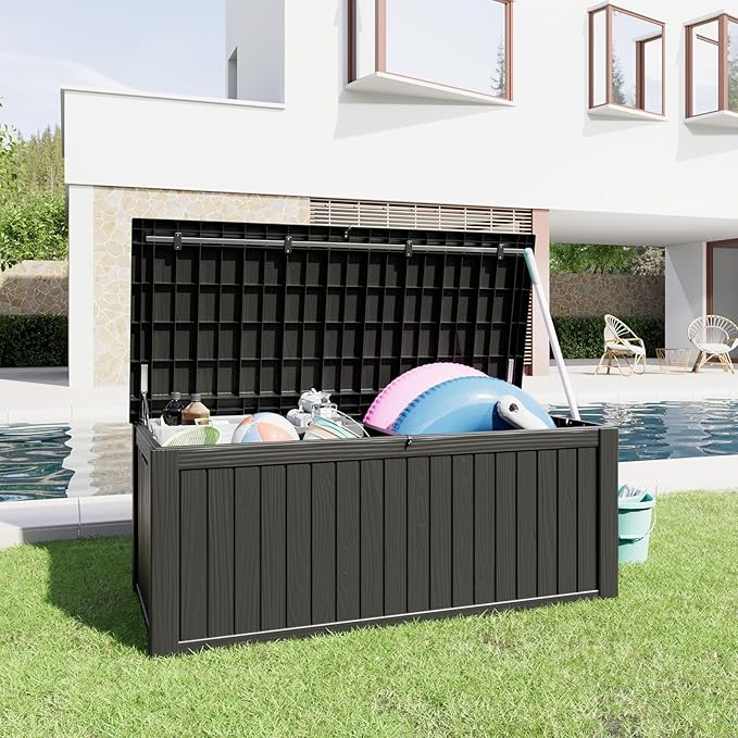 150 Gallon Outdoor Storage Box Waterproof, UV Resistant Resin Deck Box with Hydraulic Rod, Reinforced Stability for Patio, Garden, and Pool, Striped Black