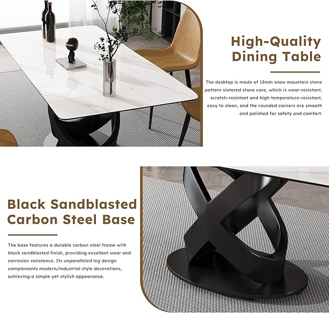 71" Modern Marble Dining Table with 8 Chairs, Sintered Stone Top for Kitchen, Dining Room, Dinette, Space Saving Design