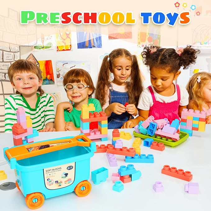 Large Particle Soft Building Block Toys with Storage Box with pull rods for Toddler Aged 18 Months to 6 Years old.Preschool Toys Suitable for Kindergarten, Parent-child Interaction etc(81P)