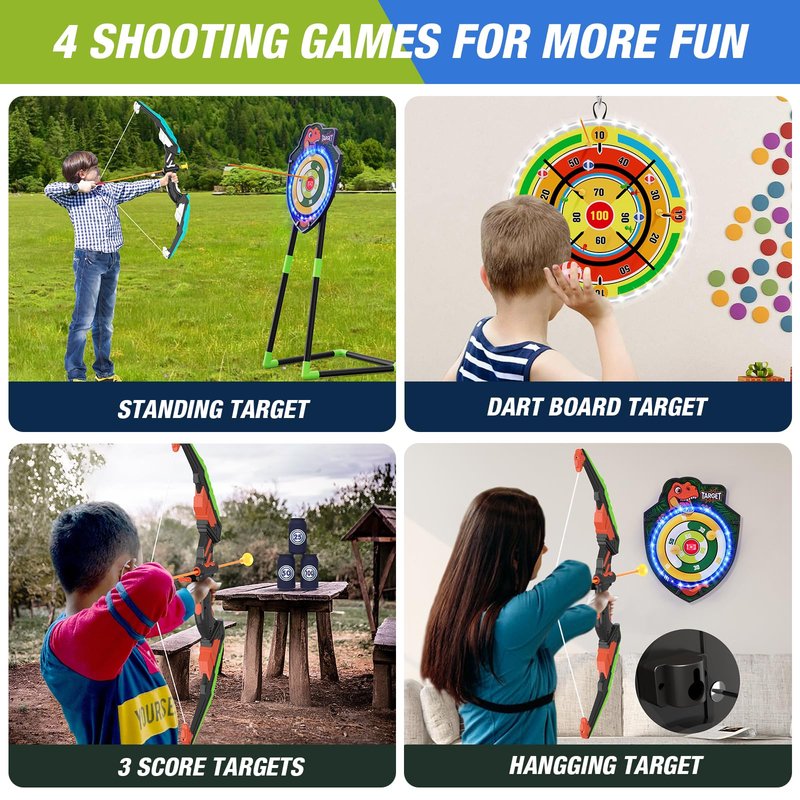 HYES 2 Pack Kids Bow and Arrow with 29" Large Dart Board, LED Light Up Archery Set with 24 Suction Cup Arrows, Indoor Outdoor Sport Toys Gifts for 3 4 5 6 7 8 9 10 11 12 Year Old Boys Girls