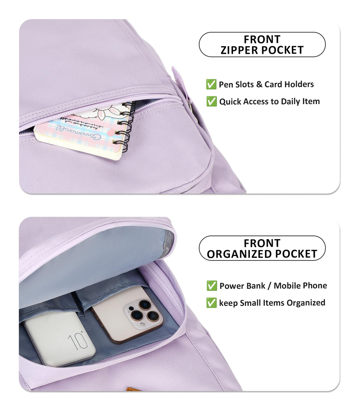 abshoo Girls Solid Color Backpack For College Women Water Resistant School Bag (Lavender Purple)