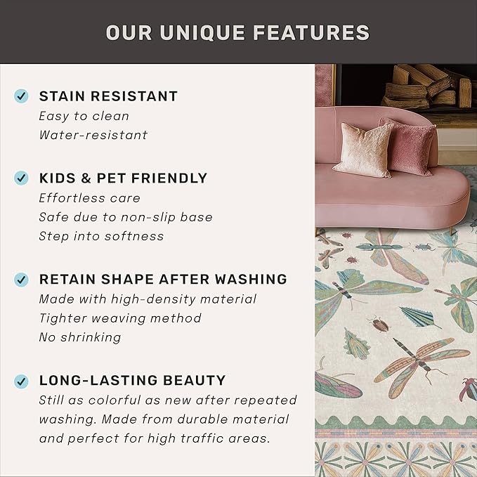 Green and Blue Insect 6ft Round Soft Rugs for Bedroom Beside Bed - Non Skid Rug Low Pile Washable Living Room Rugs, Forest Butterfly Design Stain Resistant Home Décor