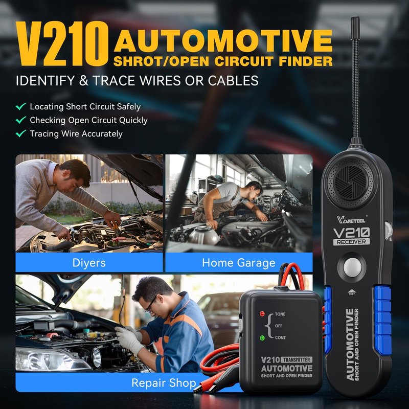 VDIAGTOOL V210 Wire Tracer Electrical Tester Automotive Open & Short Finder Circuit Tester, Circuit Breaker Finder, Broken Wire Detector Tool DC 6-42V with 7" Flexible Probe