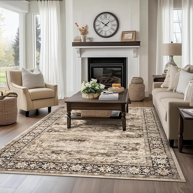 Hazel Brown 8x10 Area Rugs for Living Room Washable Non Slip Boho Rugs Soft Faux Fur Low Pile Stain Resistant Vintage Euro Floral Large Carpet Rug Aesthetic Retro for Bedroom Dining Room Family Room
