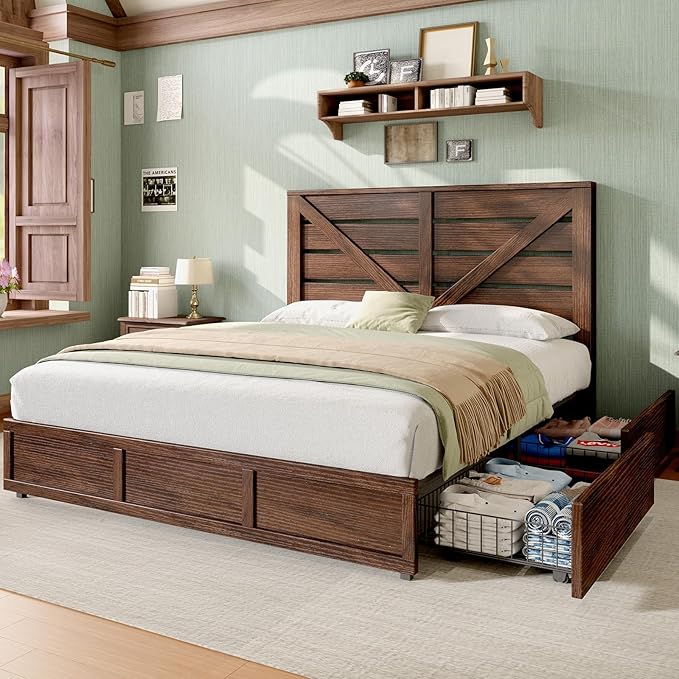 AMERLIFE King Size Farmhouse Bed Frame with 4 Drawers, Wooden Storage Bed Frame with Headboard and Heavy Duty Metal Slats, Noisy Free, Easy Assemble, Rusric Brown