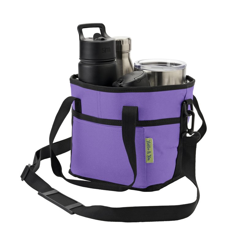 4 Water Bottle Holder with Strap | Family Size 4 Compartment Drink Bag, Multiple Tumbler Carrier Caddy | Adjustable Fits Large & Small Drinks | Hands Free, Won't Tip Over in Car (Purple)