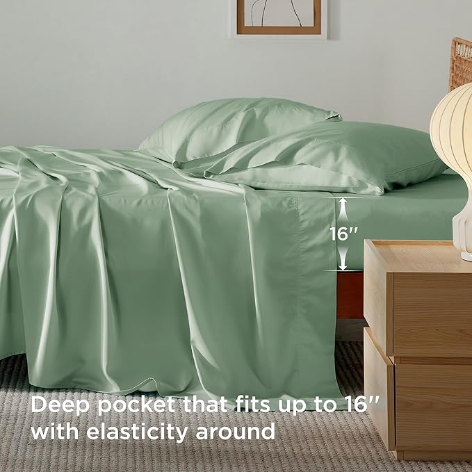 Bedsure Queen Sheet Set, Rayon Derived from Bamboo, Cooling Sheets, Breathable & Soft, Deep Pocket Up to 16 Inches, Hotel Luxury Silky Bedding for Hot Sleepers, Sage Green