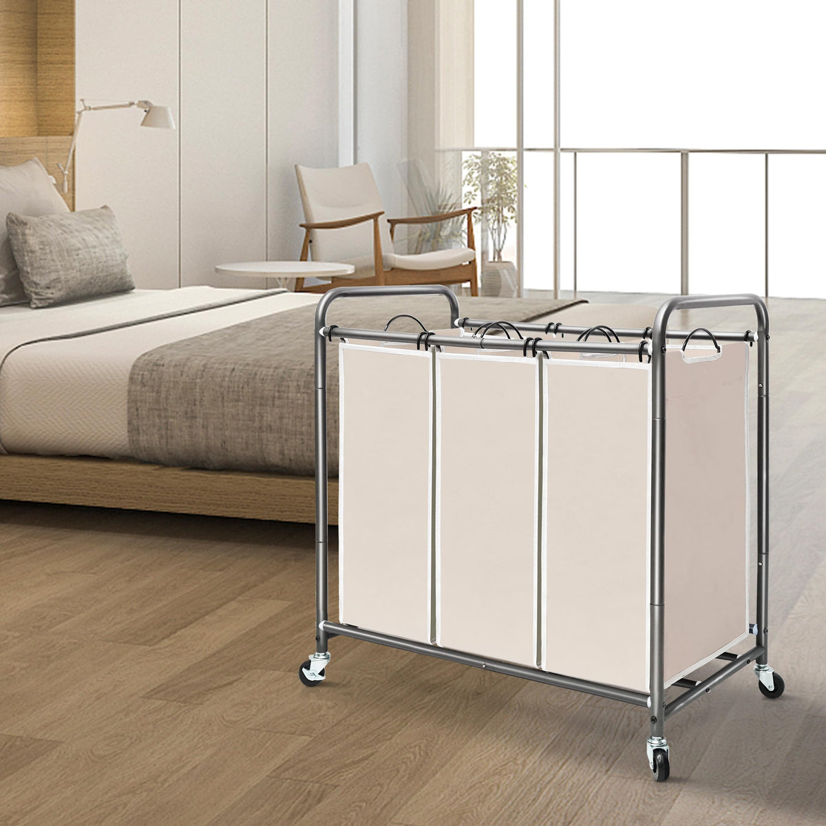 STORAGE MANIAC 3 Section Laundry Sorter, 35.6 Gal (135 L) Laundry Hamper Cart with Heavy Duty Rolling Lockable Wheels and Removable Bags, Clothes Organizer Basket Separator Hamper, Beige