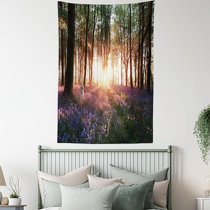 Ambesonne Forest Tapestry Twin Size, Bluebell Woods Sunrise with White Rabbit Sunny Spring Day in Woodland, Wall Hanging Bedspread Bed Cover Wall Decor, 68" X 88", Purple Green