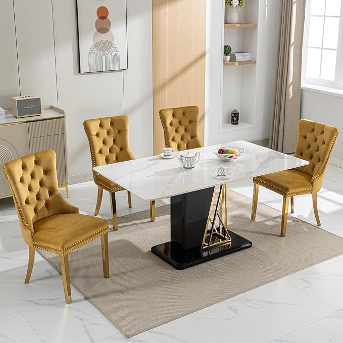 Luxury Upholstered Dining Chairs Set of 2, Yellow Kitchen Chair with Golden Metal Legs, Velvet Tufted Back Dining Chair, Sillas de Comedor, Modern Kitchen & Dining Room Chairs (Gold, 2 Pcs)