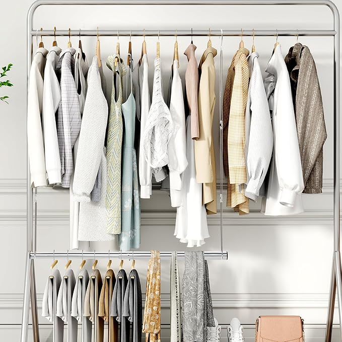 STORAGE MANIAC Hanging Closet Rod, Adjustable Width and Height Closet Hanging Organizer, Space-Saving Clothes Hanging Bar, Closet Extender Hanging Rod Double Closet Hanging Rod, 1 Pack Chrome