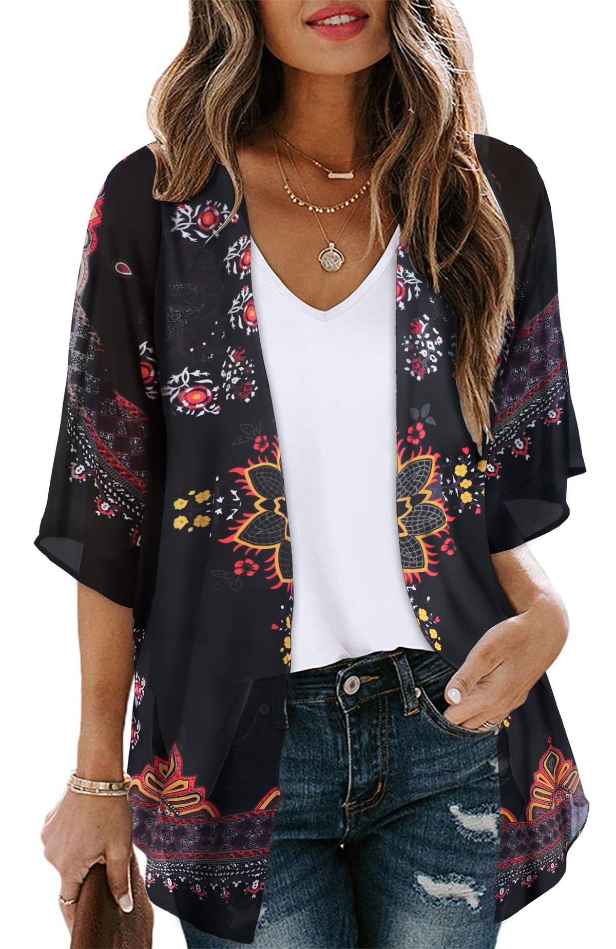 Women's Floral Kimono Cardigan Cover Up Casual Tops,Orange Black,M