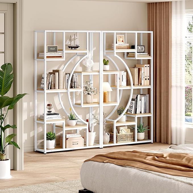 LGHM Bookshelf Set of 2 with Metal Frame, 5 Tier Geometric Bookcase, Adjustable Modern Book Shelf with 18 Open Storage Shelves, Display Shelf for Living Room, Office, Bedroom,Natural Oak